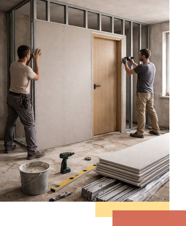 Перегородка из гипсокартона с дверью под ключ в Большом Камне