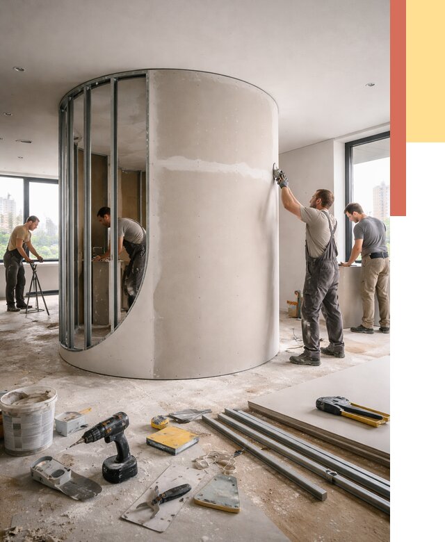 Радиусная перегородка из гипсокартона в Большом Камне от 2941 руб. под ключ | ОТДЕЛОЧНИК-Бль