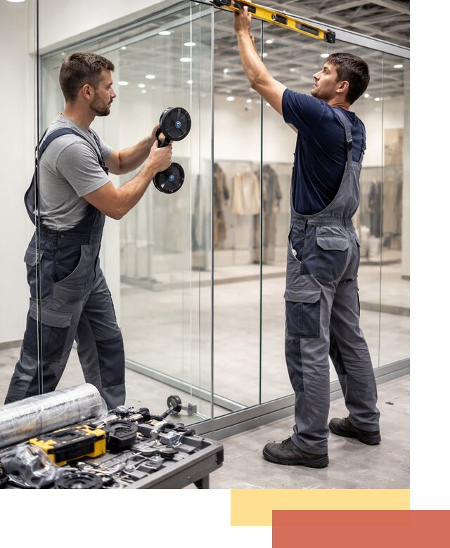 Стеклянные перегородки для магазинов в Большом Камне — монтаж и установка