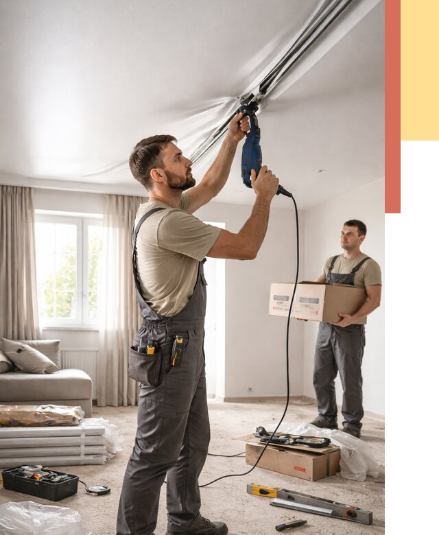 Монтаж сатинового натяжного потолка в Большом Камне от 3549 руб. | Быстро, недорого — ОТДЕЛОЧНИК-Бль