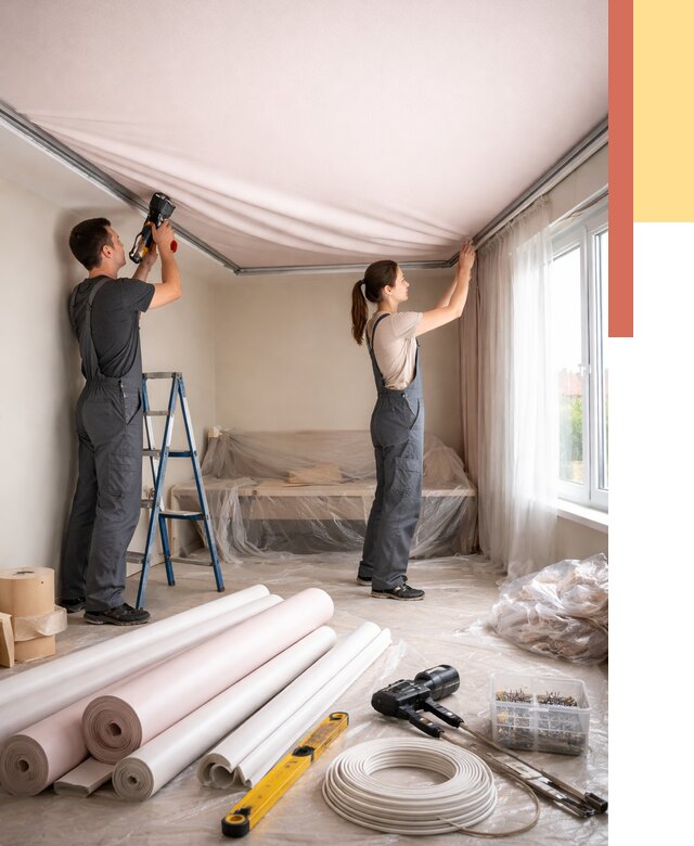 Монтаж цветного натяжного потолка в Большом Камне от 4259 руб/м² — быстро и недорого | ОТДЕЛОЧНИК-Бль