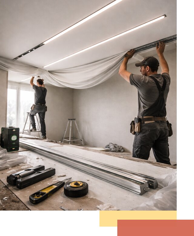 Монтаж натяжных потолков со световыми линиями в Большом Камне