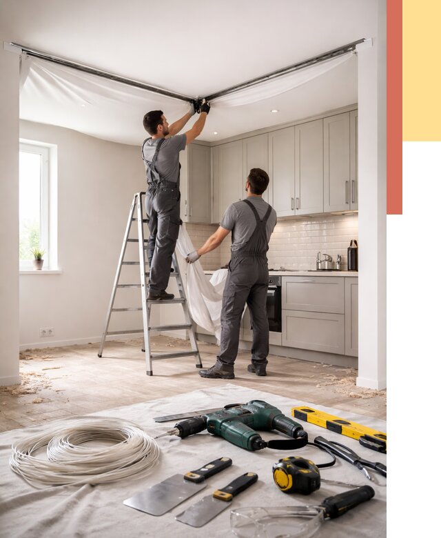 Установка натяжного потолка на кухне в Большом Камне от 2434 руб. | ОТДЕЛОЧНИК-Бль