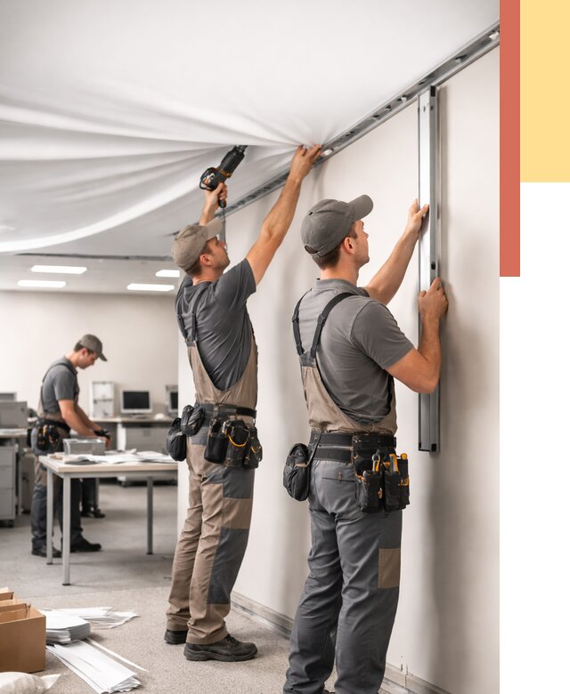 Монтаж натяжного потолка в офисе в Большом Камне от 456 руб/м² — быстро и недорого | ОТДЕЛОЧНИК-Бль