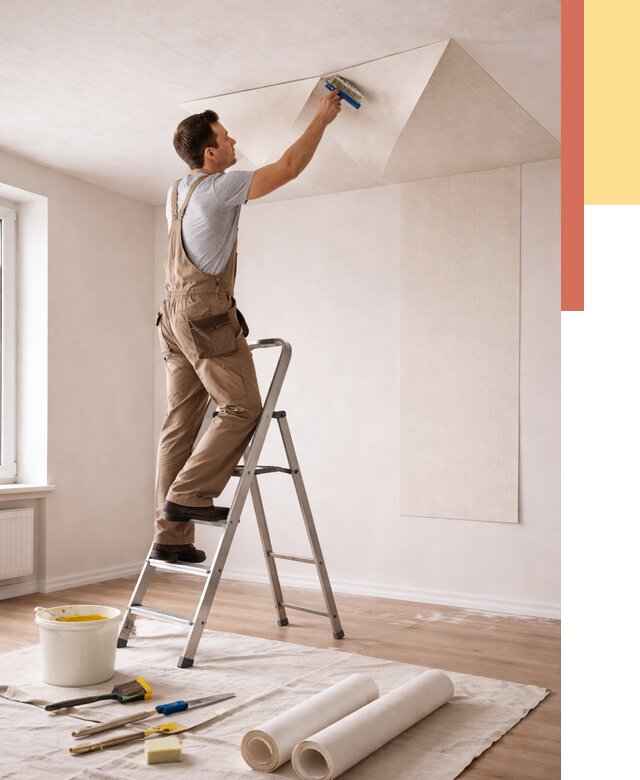 Поклейка обоев на потолок в Большом Камне от 4563 руб. быстро и недорого | ОТДЕЛОЧНИК-Бль